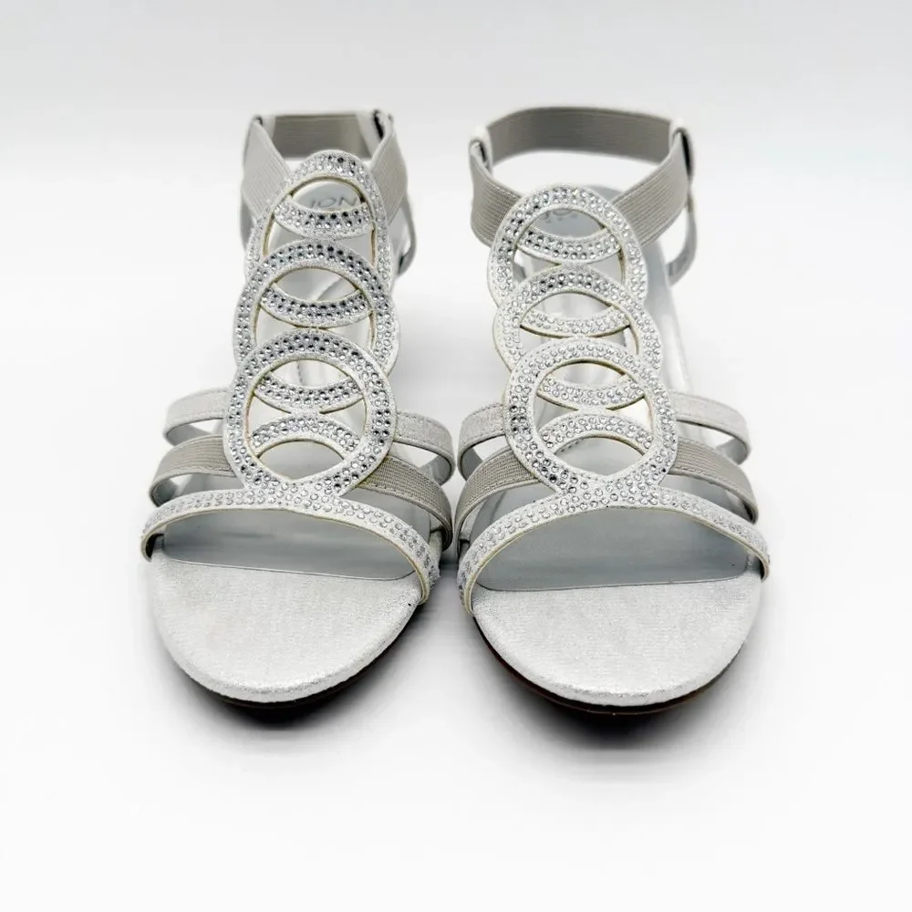 Jones New York Denice Strappy Bling Wedge Sandals Elastic Ankle Silver 7.5 NEW